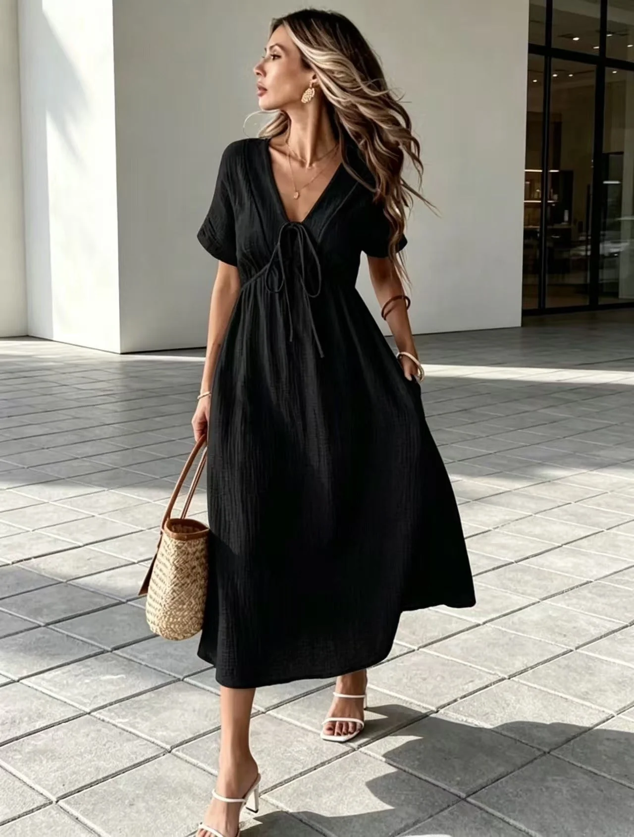 Marindale™ – Crinkle Gauze V-Neck Tie-Detail Midi Dress with Pockets + 50% OFF - Image 6