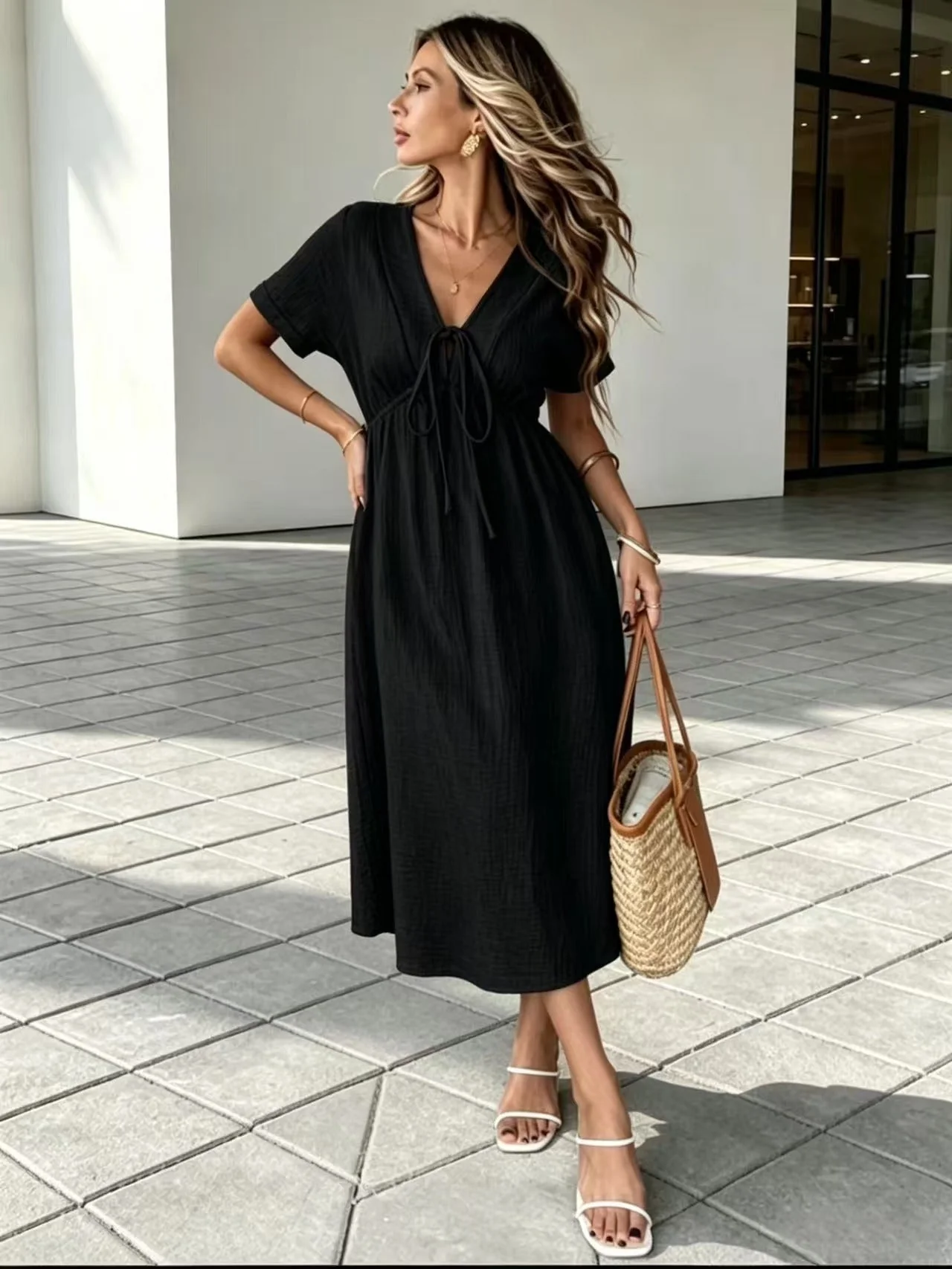 Marindale™ – Crinkle Gauze V-Neck Tie-Detail Midi Dress with Pockets + 50% OFF - Image 7