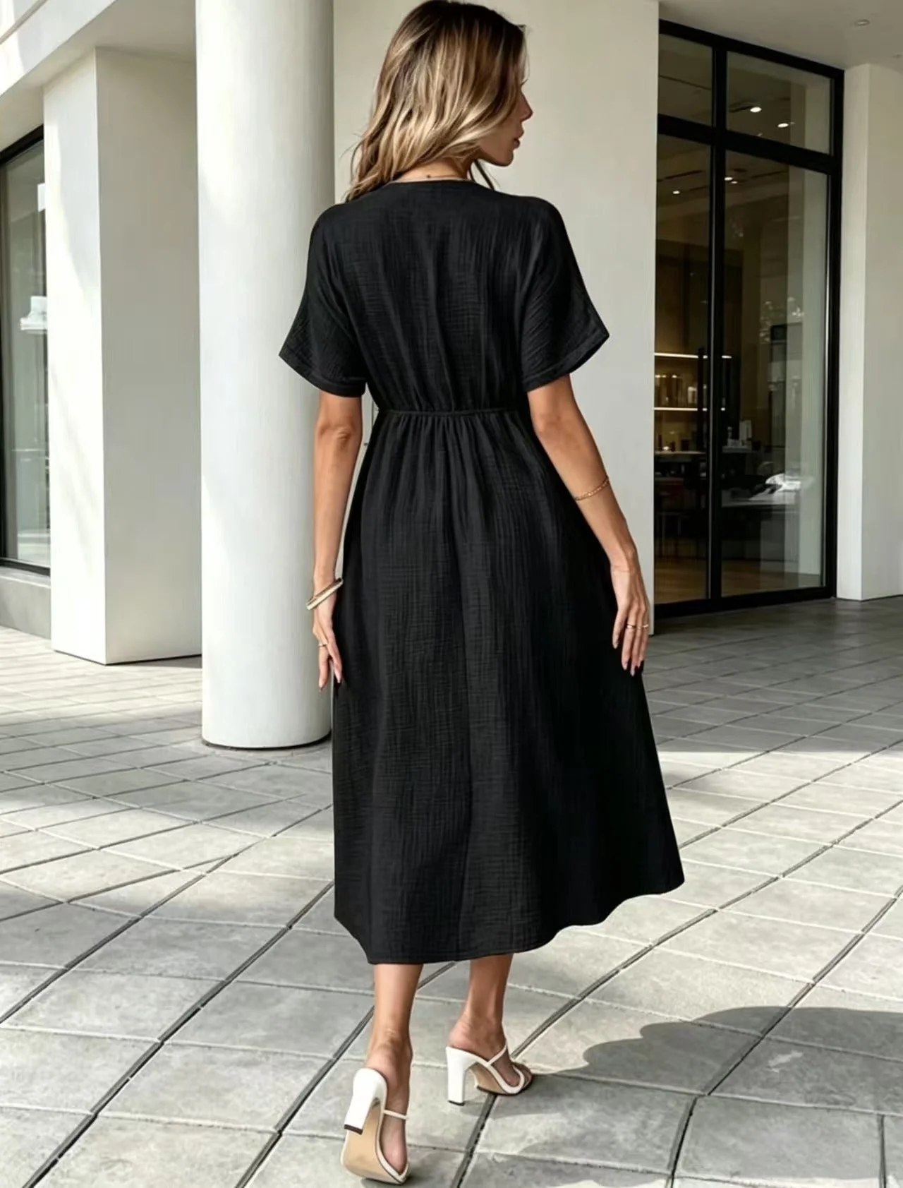 Marindale™ – Crinkle Gauze V-Neck Tie-Detail Midi Dress with Pockets + 50% OFF - Image 8