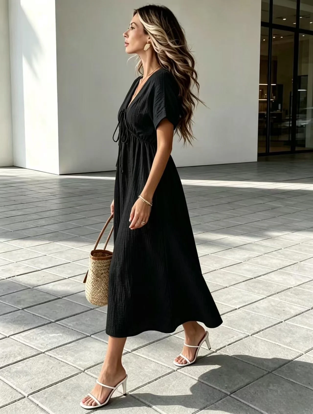 Marindale™ – Crinkle Gauze V-Neck Tie-Detail Midi Dress with Pockets + 50% OFF - Image 9
