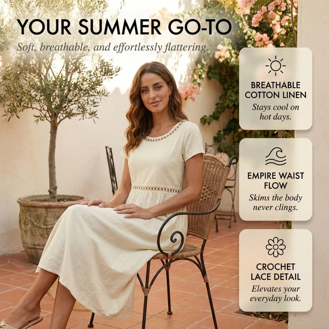 Meadowick™ – Crochet Lace Empire-Waist Cotton Linen Midi Dress + 50% OFF - Image 4