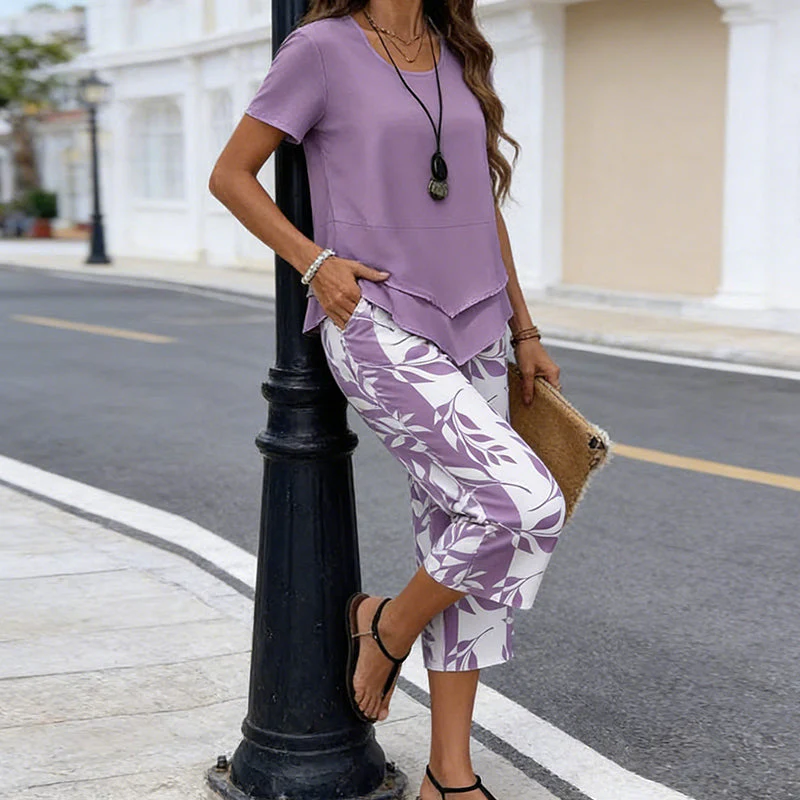 Olivelle™ – Layered Asymmetric Tunic & Leaf-Print Capri Set + 50% OFF - Image 3
