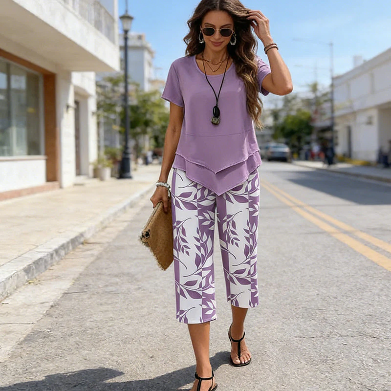 Olivelle™ – Layered Asymmetric Tunic & Leaf-Print Capri Set + 50% OFF - Image 7