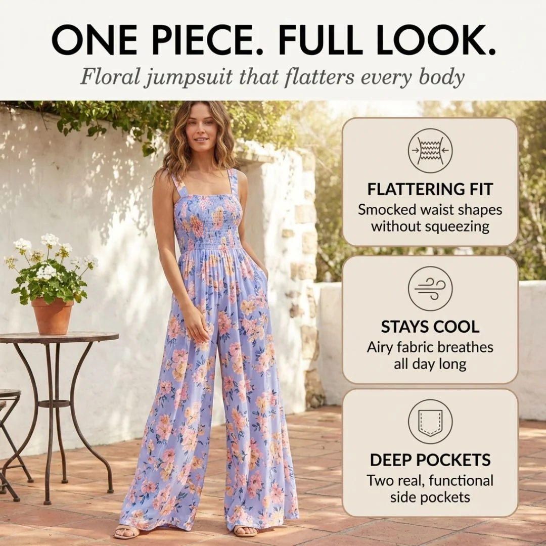 Petalia™ – Smocked Floral Wide-Leg Sleeveless Jumpsuit with Pockets + 50% OFF - Image 4