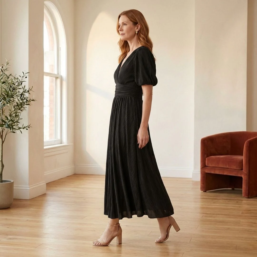 Plissé™ – Ruched Waist Puff Sleeve Midi Dress | V-Neck Flowing Fabric for Women + 50% OFF - Image 2