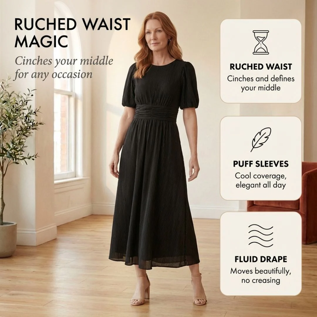 Plissé™ – Ruched Waist Puff Sleeve Midi Dress | V-Neck Flowing Fabric for Women + 50% OFF - Image 4