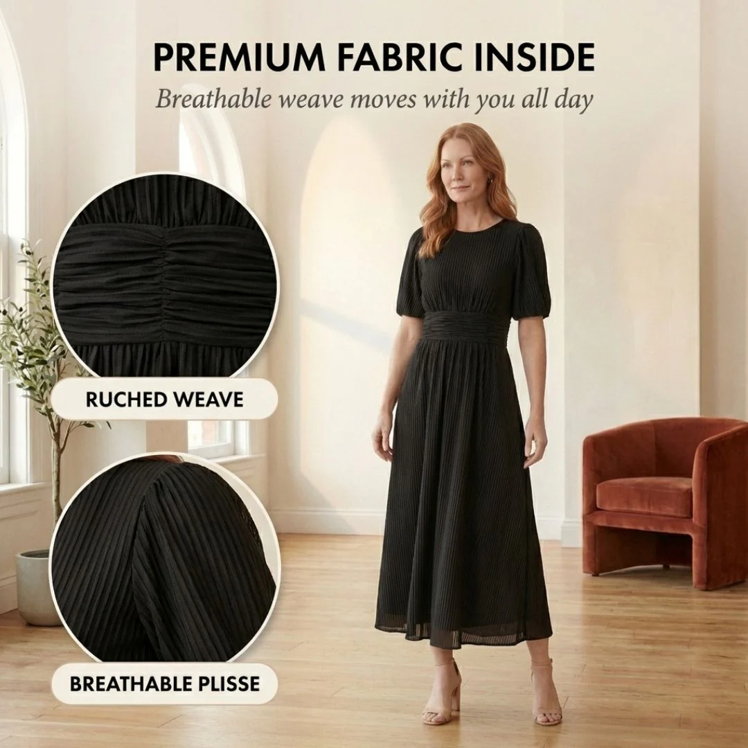 Plissé™ – Ruched Waist Puff Sleeve Midi Dress | V-Neck Flowing Fabric for Women + 50% OFF - Image 5