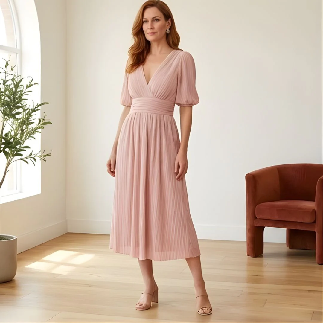 Plissé™ – Ruched Waist Puff Sleeve Midi Dress | V-Neck Flowing Fabric for Women + 50% OFF - Image 7