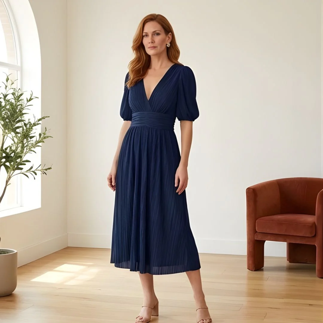 Plissé™ – Ruched Waist Puff Sleeve Midi Dress | V-Neck Flowing Fabric for Women + 50% OFF - Image 8