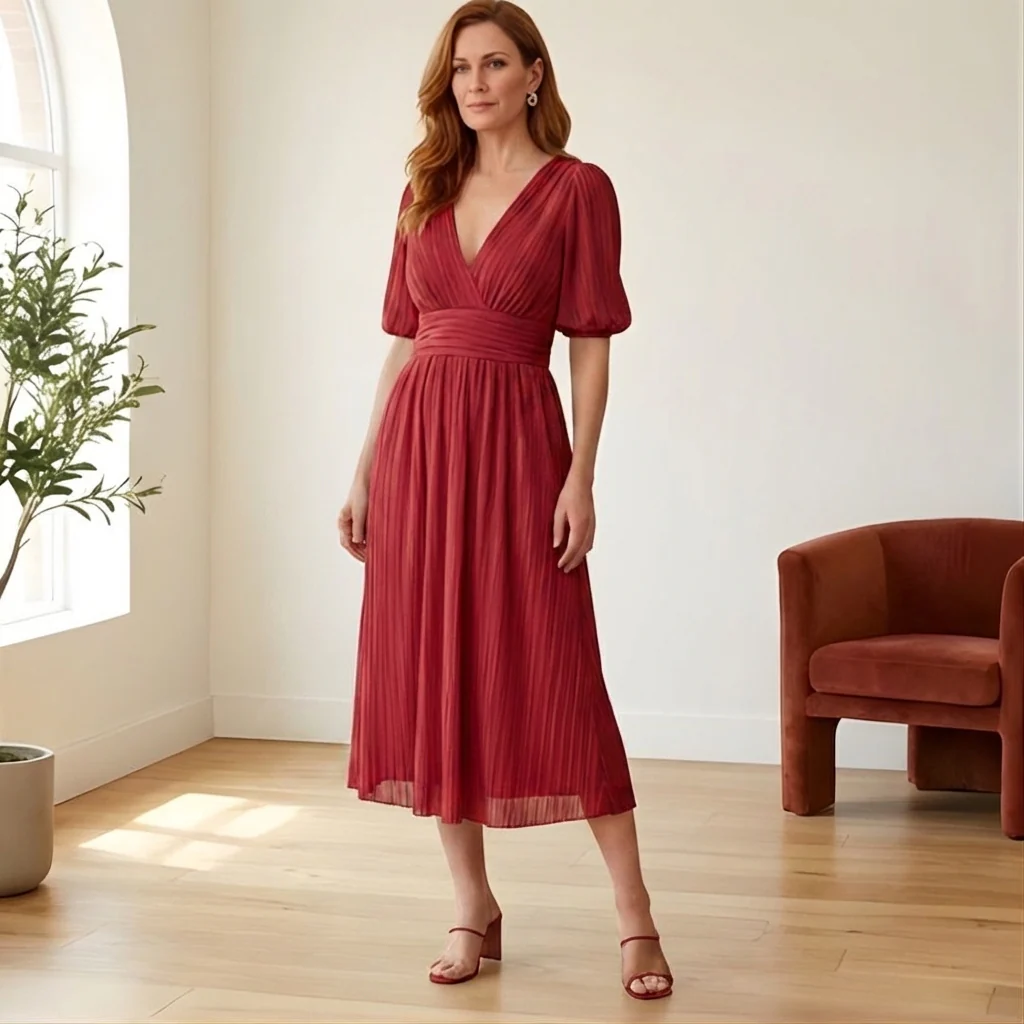 Plissé™ – Ruched Waist Puff Sleeve Midi Dress | V-Neck Flowing Fabric for Women + 50% OFF - Image 9