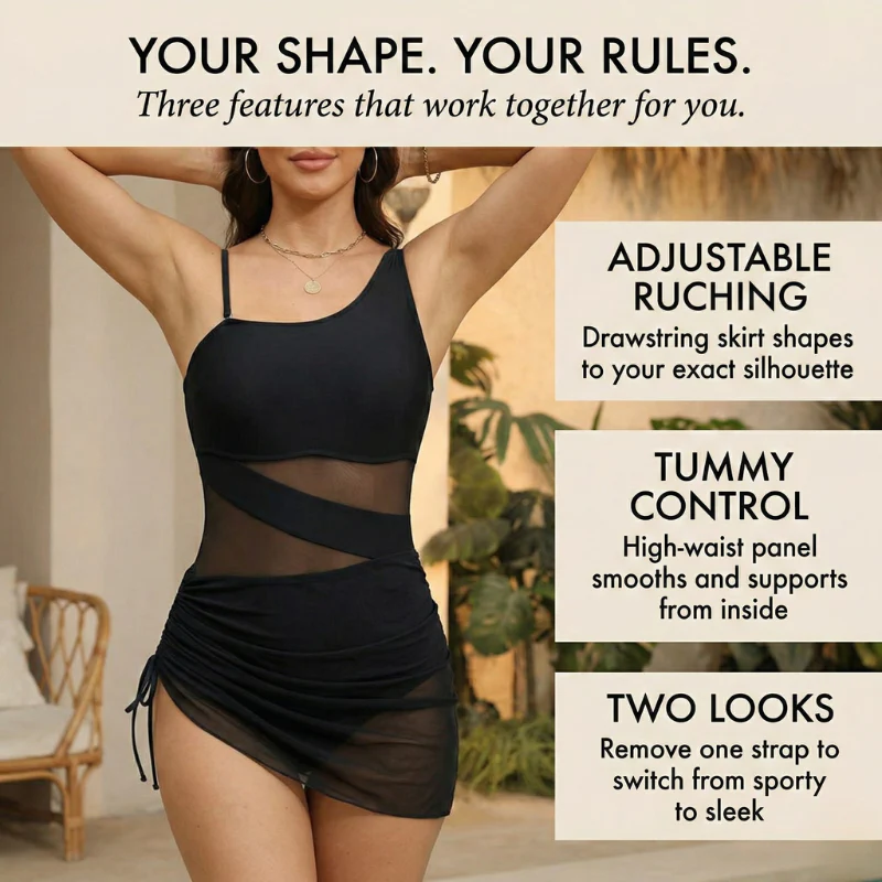 Rivèla™ – Ruched Mesh Tummy Control One-Piece Swimdress + 50% OFF - Image 3
