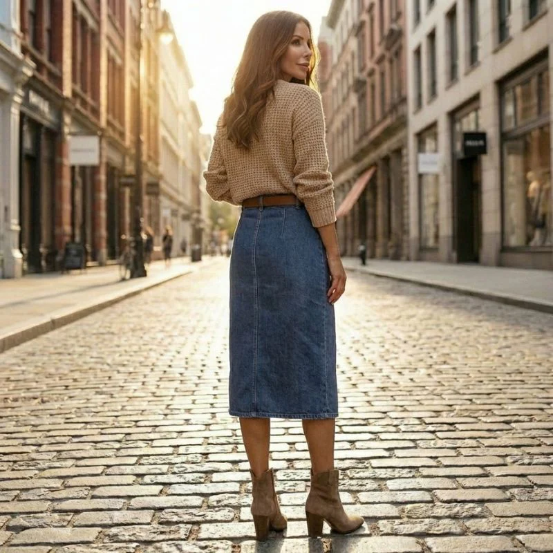 Rovella™ – High-Waist Button-Front Stretch Denim Midi Skirt + 50% OFF - Image 3