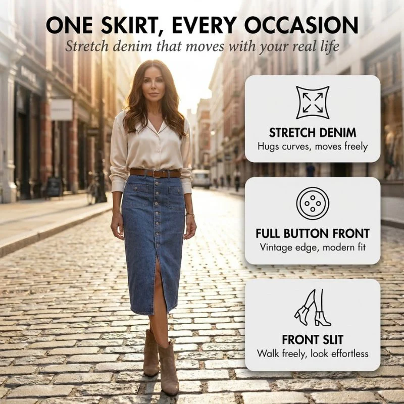 Rovella™ – High-Waist Button-Front Stretch Denim Midi Skirt + 50% OFF - Image 4