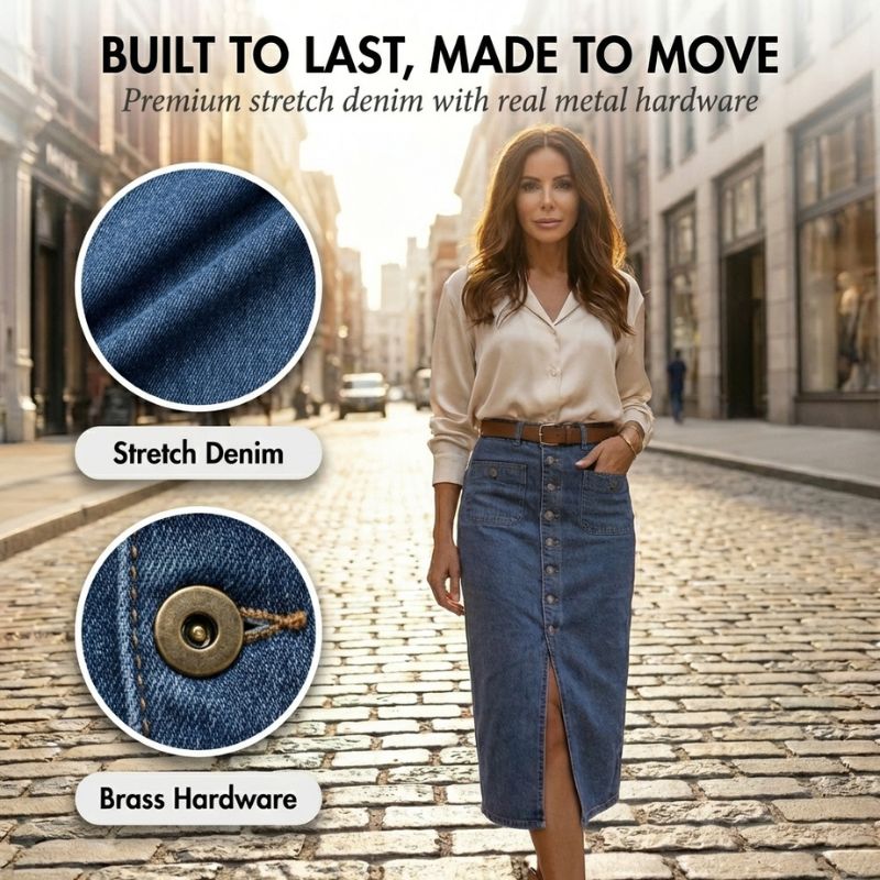 Rovella™ – High-Waist Button-Front Stretch Denim Midi Skirt + 50% OFF - Image 5