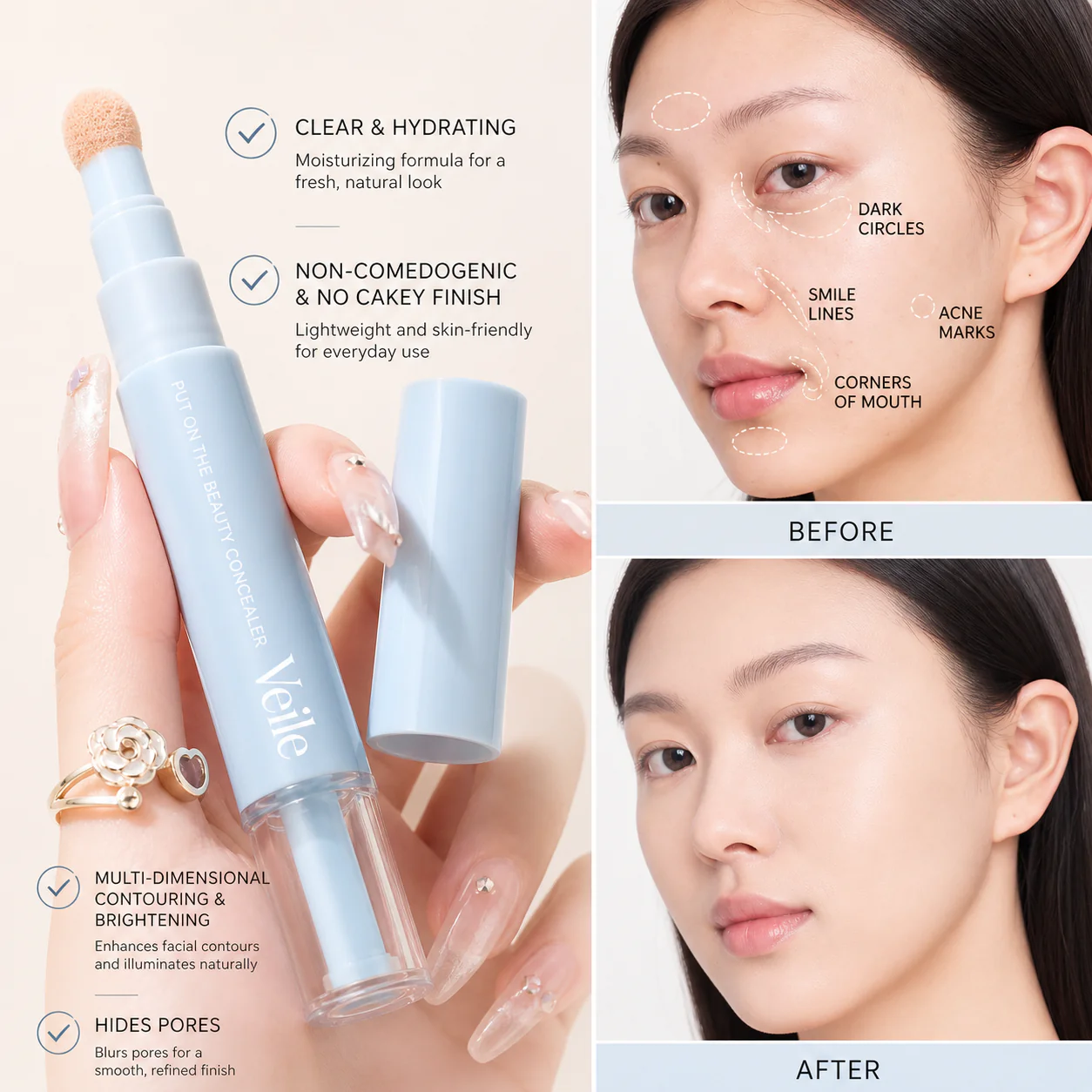 Saemi™ – 3-Color Pen Concealer with Soft Puff Applicator for Dark Circles, Acne Marks & Dullness + 50% OFF - Image 3
