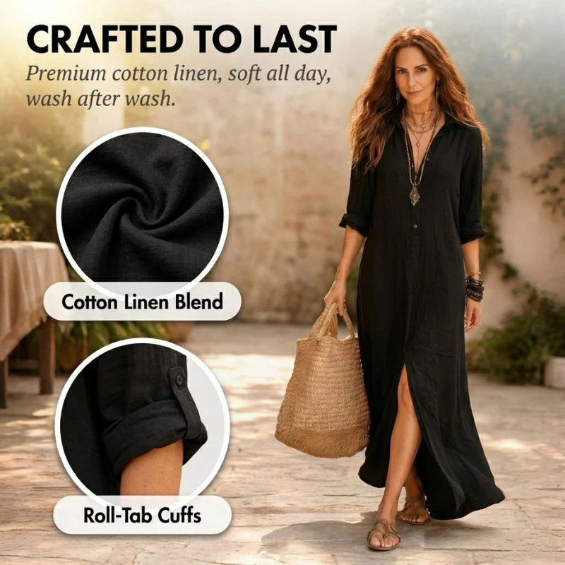 Sandrift™ – Relaxed Cotton Linen Maxi Shirt Dress with Front Slit + 50% OFF - Image 4