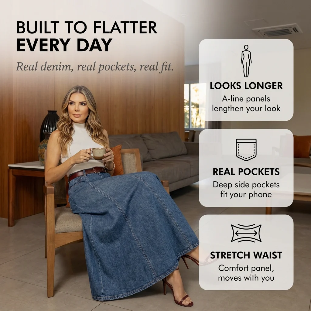 Selvedge™ – A-Line Flattering Denim Maxi Skirt | Lengthening Silhouette, Real Pockets, S–2XL + 50% OFF - Image 4