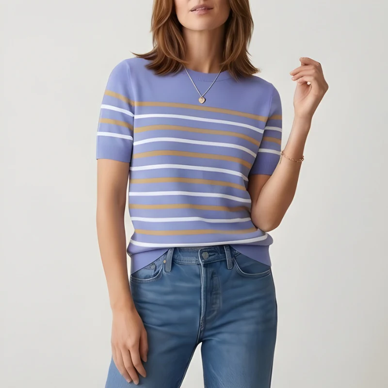 Silken™ – Lightweight Striped Knit Crewneck Short Sleeve Sweater Top + 50% OFF - Image 10