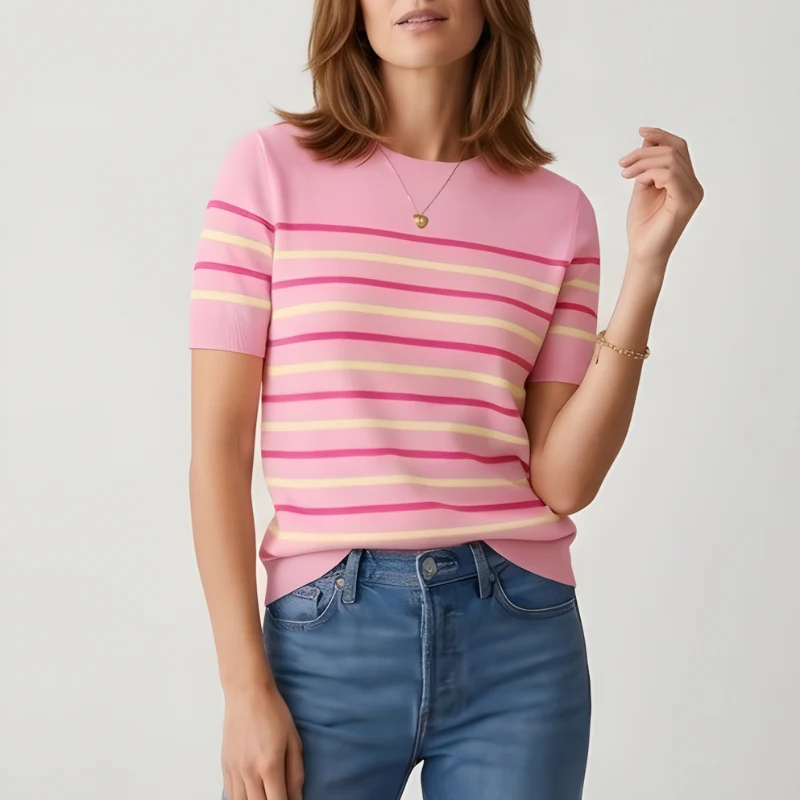 Silken™ – Lightweight Striped Knit Crewneck Short Sleeve Sweater Top + 50% OFF - Image 6
