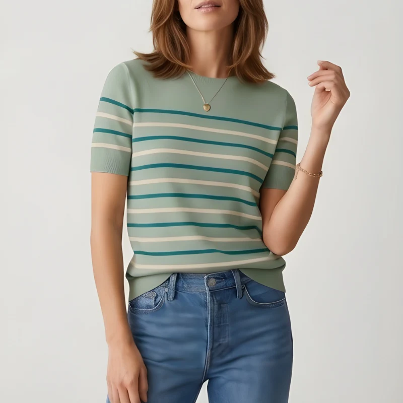 Silken™ – Lightweight Striped Knit Crewneck Short Sleeve Sweater Top + 50% OFF - Image 7