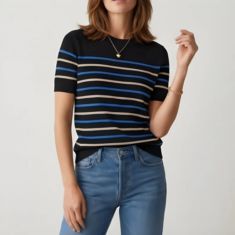 Silken™ – Lightweight Striped Knit Crewneck Short Sleeve Sweater Top + 50% OFF - Image 8