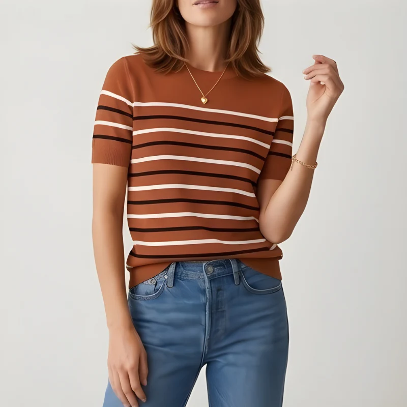 Silken™ – Lightweight Striped Knit Crewneck Short Sleeve Sweater Top + 50% OFF - Image 9