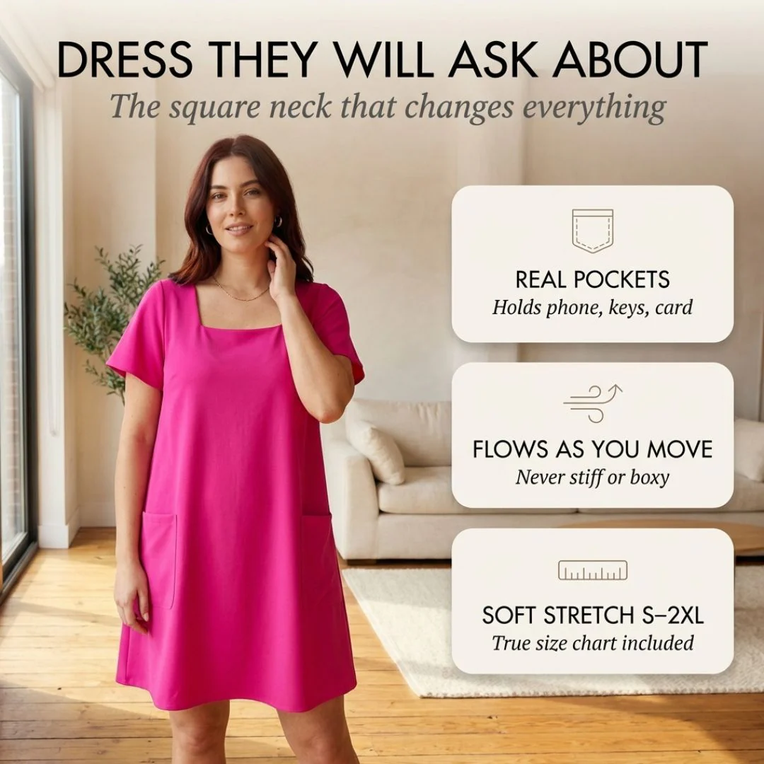 SwayForm™ – Square Neck Loose Fit Short Sleeve Mini Dress with Pockets + 50% OFF - Image 4