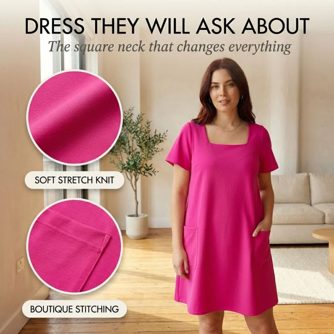 SwayForm™ – Square Neck Loose Fit Short Sleeve Mini Dress with Pockets + 50% OFF - Image 5