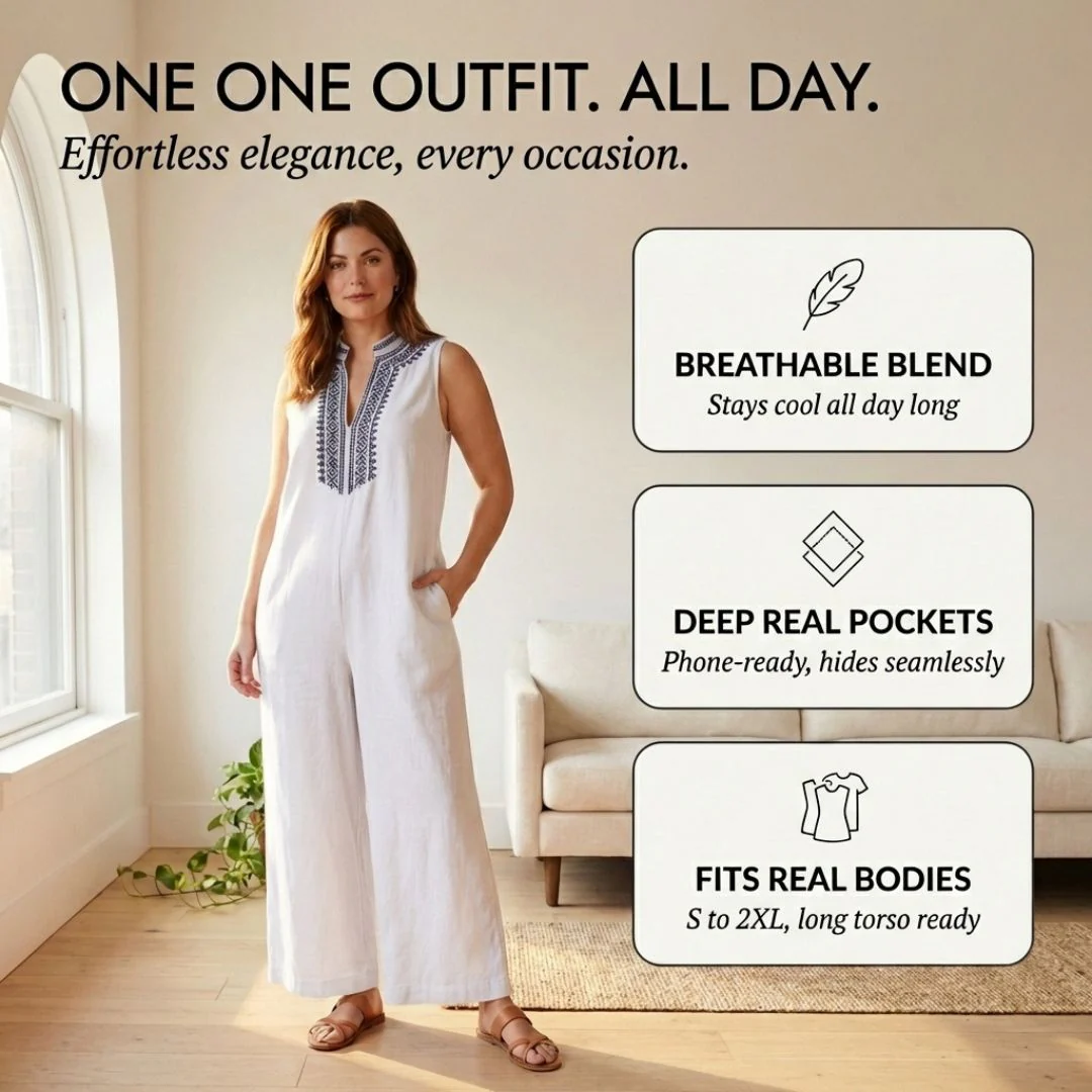 Terraveil™ – Embroidered V-Neck Cotton-Linen Wide-Leg Jumpsuit + 50% OFF - Image 4