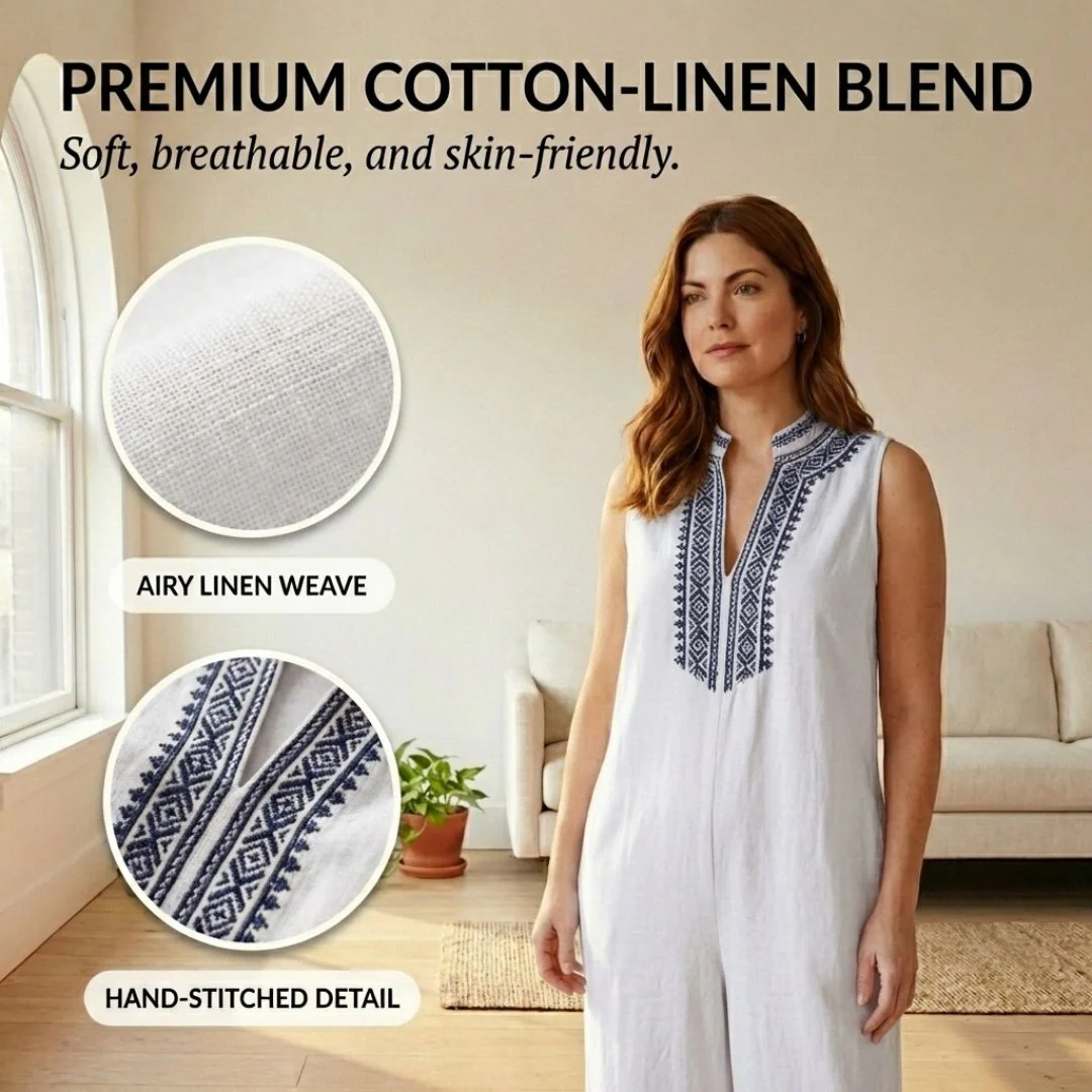 Terraveil™ – Embroidered V-Neck Cotton-Linen Wide-Leg Jumpsuit + 50% OFF - Image 5