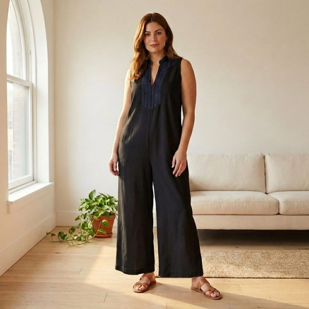 Terraveil™ – Embroidered V-Neck Cotton-Linen Wide-Leg Jumpsuit + 50% OFF - Image 7