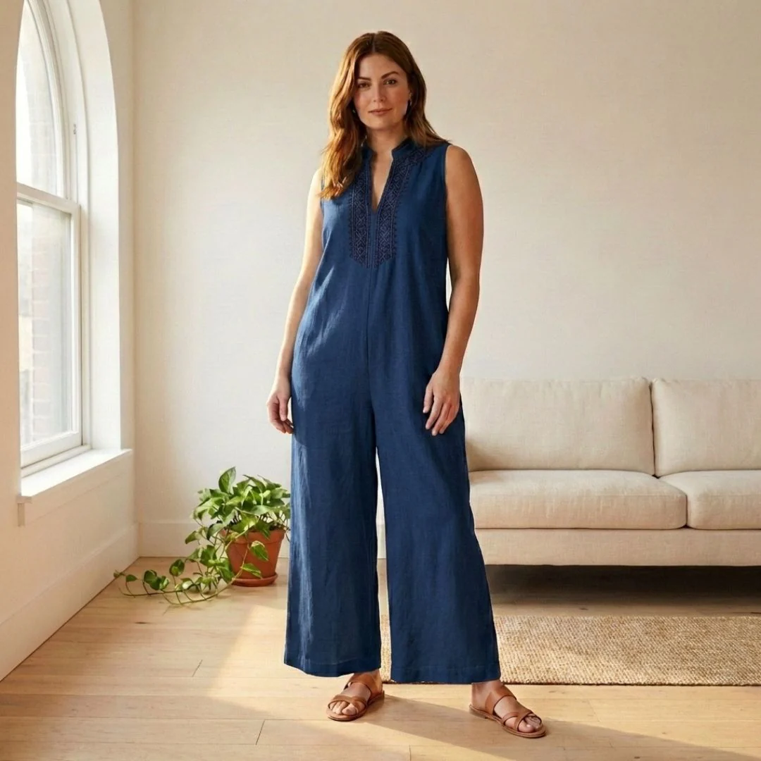 Terraveil™ – Embroidered V-Neck Cotton-Linen Wide-Leg Jumpsuit + 50% OFF - Image 9