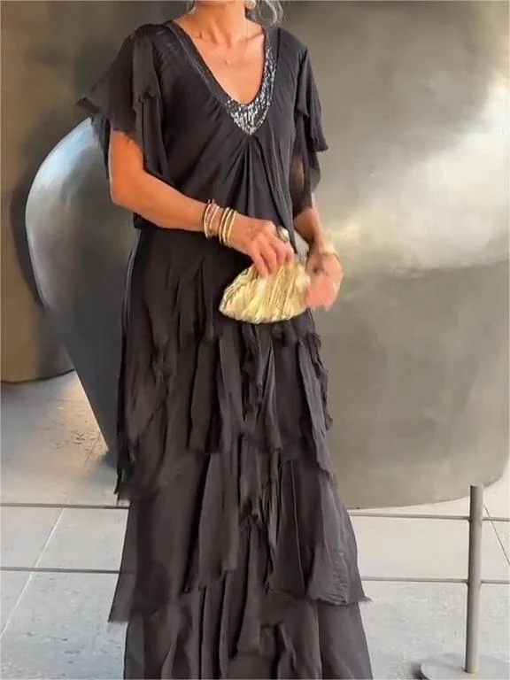 The AuraFlow Maxi Dress - Elegant V-Neck, Tiered Ruffle Skirt, and Off Sale + 50% OFF - Image 2