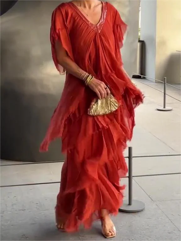 The AuraFlow Maxi Dress - Elegant V-Neck, Tiered Ruffle Skirt, and Off Sale + 50% OFF - Image 3