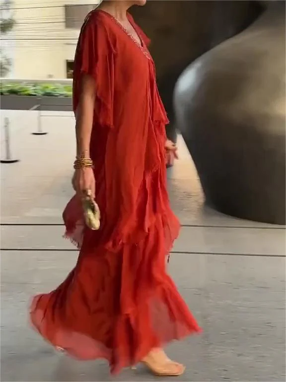 The AuraFlow Maxi Dress - Elegant V-Neck, Tiered Ruffle Skirt, and Off Sale + 50% OFF - Image 4
