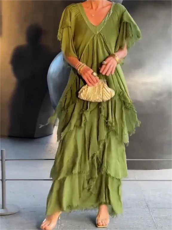 The AuraFlow Maxi Dress - Elegant V-Neck, Tiered Ruffle Skirt, and Off Sale + 50% OFF - Image 5