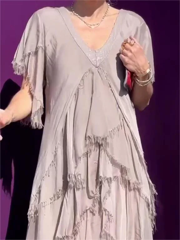The AuraFlow Maxi Dress - Elegant V-Neck, Tiered Ruffle Skirt, and Off Sale + 50% OFF - Image 8