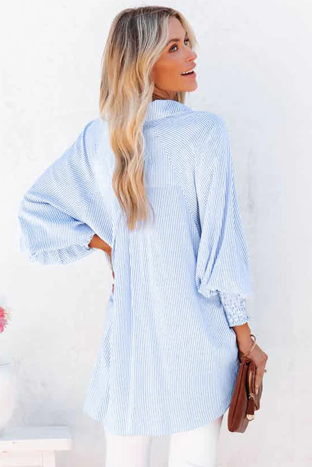 The AuraFlow Striped Lapel Shirt - Oversized Drawdown Sleeves, Mid-Length Fit, + 50% OFF - Image 2
