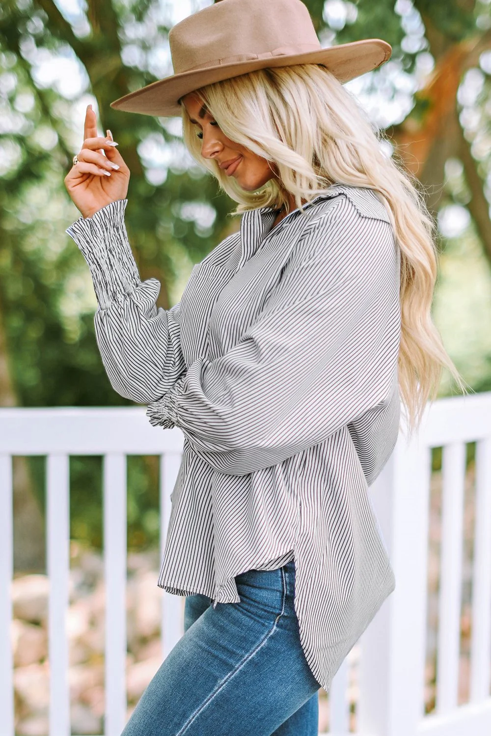 The AuraFlow Striped Lapel Shirt - Oversized Drawdown Sleeves, Mid-Length Fit, + 50% OFF - Image 6