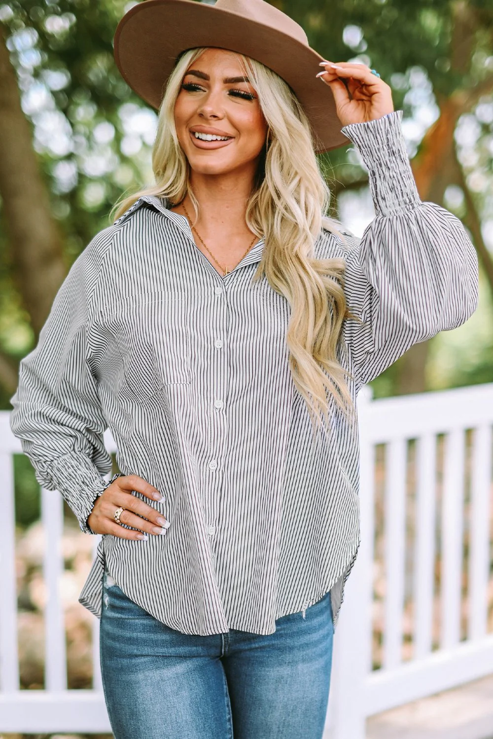 The AuraFlow Striped Lapel Shirt - Oversized Drawdown Sleeves, Mid-Length Fit, + 50% OFF - Image 7