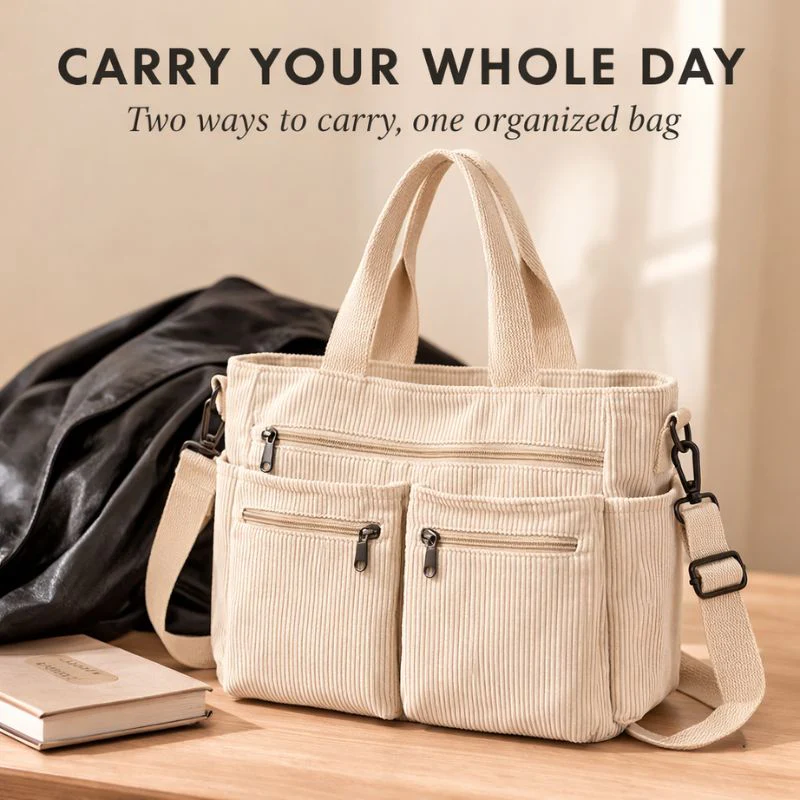 Tuckwell™ – Corduroy Multi-Pocket Tote Bag with Crossbody Strap + 50% OFF - Image 2