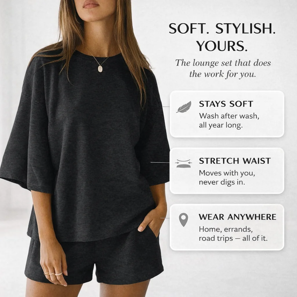 Veluna™ – Soft Oversized 3/4 Sleeve Top & Elastic Waist Shorts Lounge Set + 50% OFF - Image 4